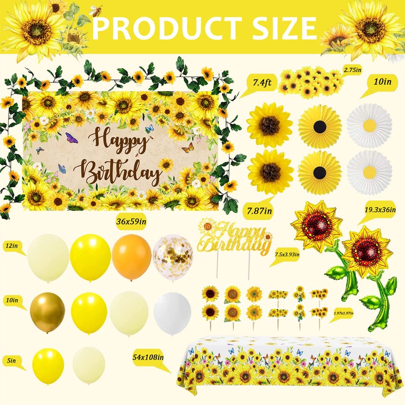 BORAMDO Sunflower Birthday Party Decoration Pack 111 Pcs Baby Shower Party Supplies Wedding Decor include Backdrop Tablecloth Artificial Sunflower Garland Cake Topper Balloon Garland Arch Tissue Paper Flower - Image 3